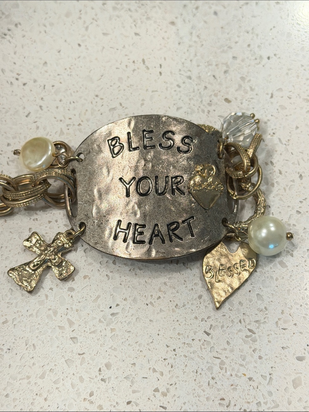 Bless Your Heart Gold-Tone Charm Bracelet with Pearls